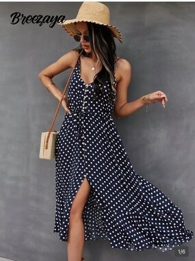 SHEIN Navy White Polka Dot Maxi Dress with Front Buttons